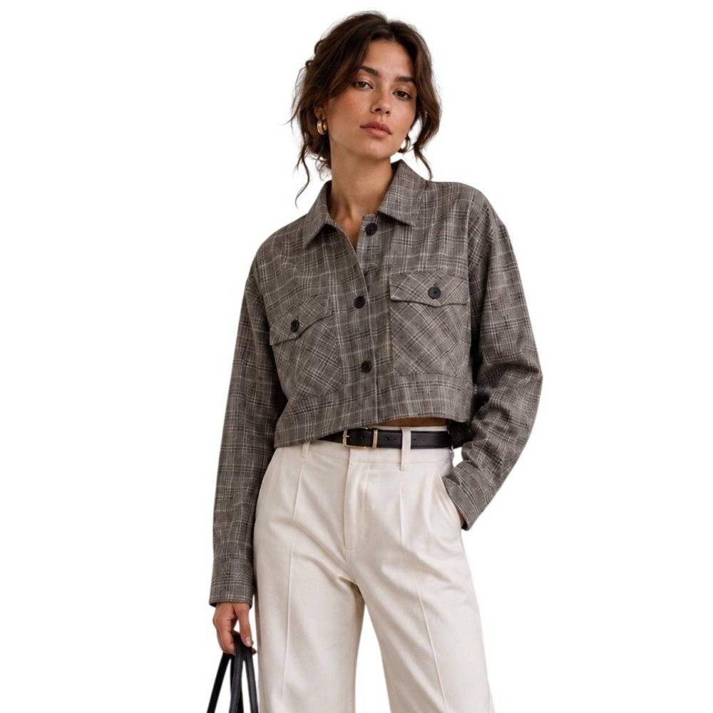 Zara Brown Taupe Plaid Cropped Blazer Jacket Raw Edge Medium